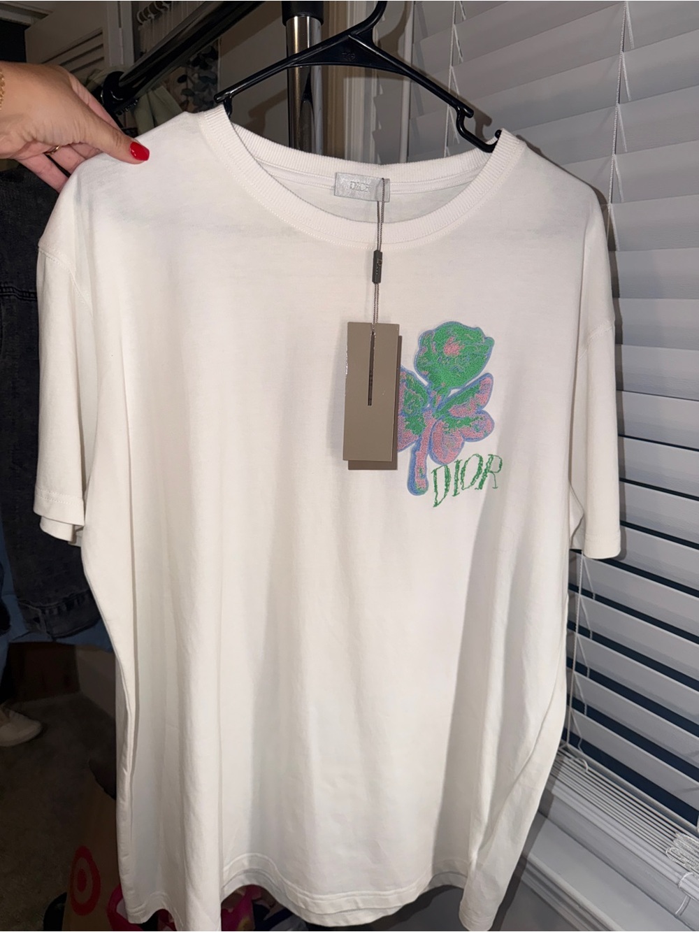 Dior White Tee with Green & Pink Embroidered Floral Logo